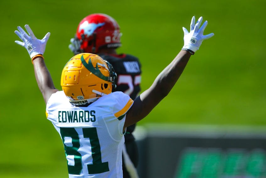 Edmonton Elks receiver Earnest Edwards celebrates after a touchdown against the Calgary Stampeders in Calgary on Monday, Sept. 6, 2021.