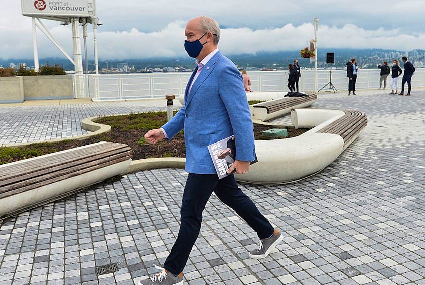  Conservative Party leader Erin O’Toole leaves an election campaign event at Canada Place in Vancouver, September 5, 2021.
