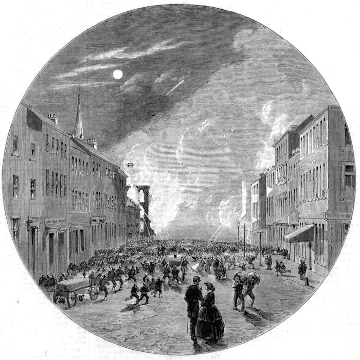Lithograph depicting the Granville Street Fire in Halifax on 9 September 1859, published in The Illustrated London News, 15 October 1859. Nova Scotia Archives. 
