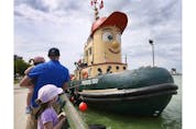 Theodore Too, a large-scale imitation tugboat based on the fictional television tugboat character Theodore Tugboat is shown on Saturday, Sept. 4, 2021 at Dieppe Park in downtown Windsor.