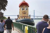  Theodore Too, a large-scale imitation tugboat based on the fictional television tugboat character Theodore Tugboat, visiting Dieppe Park in Windsor on Saturday, Sept. is 65-feet long.