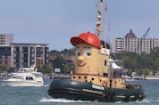  Theodore Too, a large-scale imitation tugboat based on the fictional television tugboat character Theodore Tugboat is shown on Saturday, Sept. 4, 2021 cruising in the Detroit River near downtown Windsor — before making its way to Leamington.