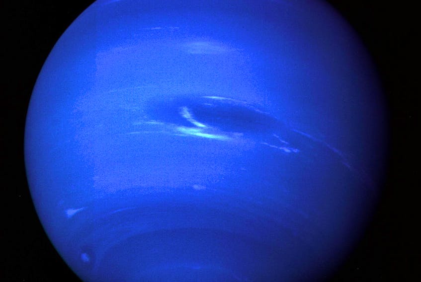 This picture of Neptune was produced from the last whole planet images taken through the green and orange filters on NASA's Voyager 2 narrow-angle camera. The images were taken at a range of 4.4 million miles from the planet, four days and 20 hours before closest approach. The picture shows the Great Dark Spot and its companion bright smudge; on the west limb, the fast-moving bright feature called Scooter and the little dark spot are visible. These clouds were seen to persist for as long as Voyager's cameras could resolve them. - NASA