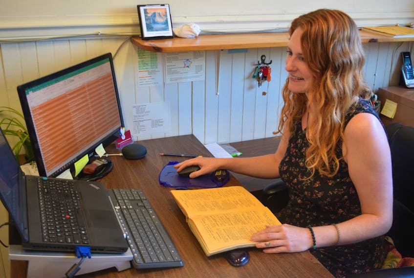 Archivist Ashley Sutherland is leading a project compiling information on businesses in Truro since its incorporation in 1875. Tangible information from directories, like the one on her desk, and other artifacts are being transferred into a database. 