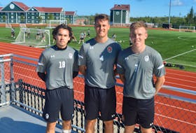 The 2021 edition of the Cape Breton Capers men’s soccer team is heading into the new season with high expectations. After the cancellation of last year’s entire Atlantic University Sport schedule and the addition of many new players, the four-time defending AUS champions will look to veteran leadership that head coach Deano Morley expects to come from his captains. Above from left, assistant captain and midfielder Raine Lyn, captain and defender Euan Bauld and assistant captain and forward Charlie Waters. DAVID JALA/CAPE BRETON POST