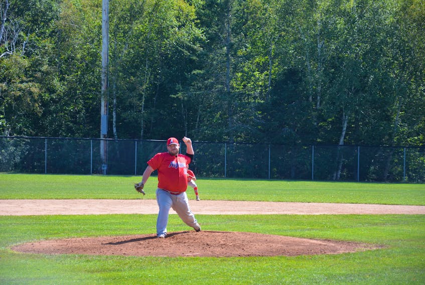 Shaun O’Toole of the Saint John Alpines delivers a pitch against the Charlottetown Gaudet’s Auto Body Islanders in Game 2 of the best-of-seven semifinal series at Memorial Field in Charlottetown on Aug. 29. With the Alpines facing elimination in Charlottetown on Sept. 7, O’Toole tossed a complete game in a 1-0 eight-inning win. That victory tied the series 3-3 and forces a Game 7 in Saint John, N.B., on Sept. 9 at 8 p.m.