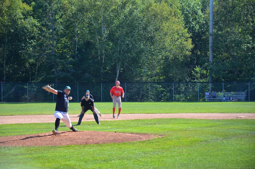 Charlottetown Gaudet’s Auto Body Islanders pitcher J.P. Stevenson in action against the Saint John Alpines during Game 2 of the best-of-seven semifinal series at Memorial Field in Charlottetown on Aug. 29. Stevenson pitched a complete game in a 1-0 eight-inning loss to the Alpines on Sept. 7. The series is now headed to a seventh and deciding game in Saint John, N.B., on Sept. 9. - Jason Simmonds