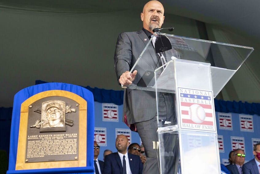 Larry Walker makes his acceptance speech during the 2021 National Baseball Hall of Fame induction ceremony at Clark Sports Center in Cooperstown, N.Y.