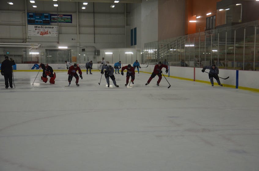 The Charlottetown Islanders participate in a skating drill at the end of practice on Sept. 8. The Islanders will entertain the Acadie-Bathurst Titan in a Quebec Major Junior Hockey League pre-season game at MacLauchlan Arena on Sept. 10 at 7 p.m. The game is sold out. - Jason Simmonds