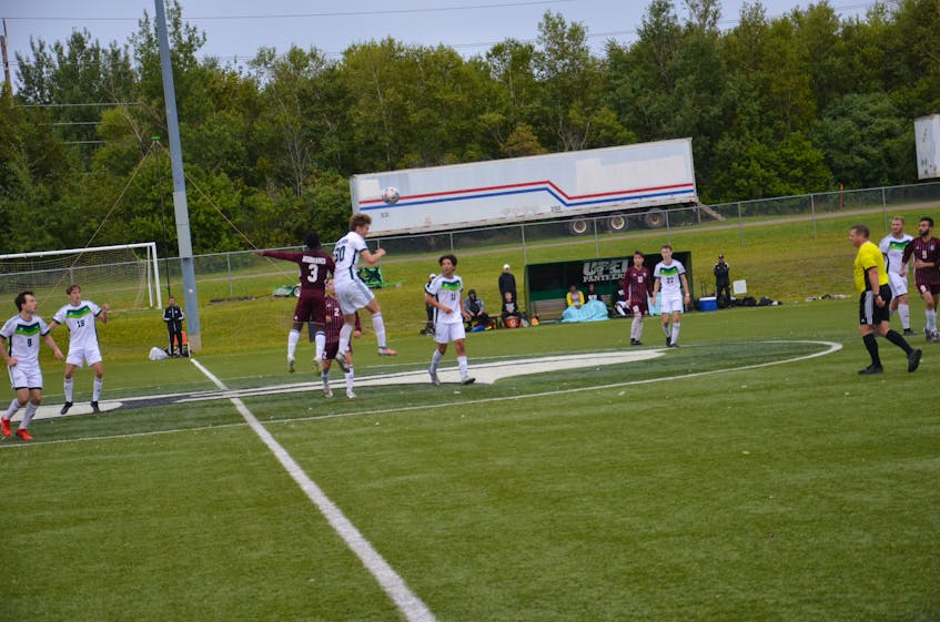 The UPEI Panthers’ Patrick Muise, 30, and Josh Nilon, 3, of the Holland Hurricanes jump in the air in an attempt to head the ball during a pre-season soccer game at UPEI on Sept. 5. The Panthers open the Atlantic University Sport regular season at home against the St. Francis Xavier X-Men on Sept. 10 at 7:15 p.m. - Jason Simmonds • The Guardian