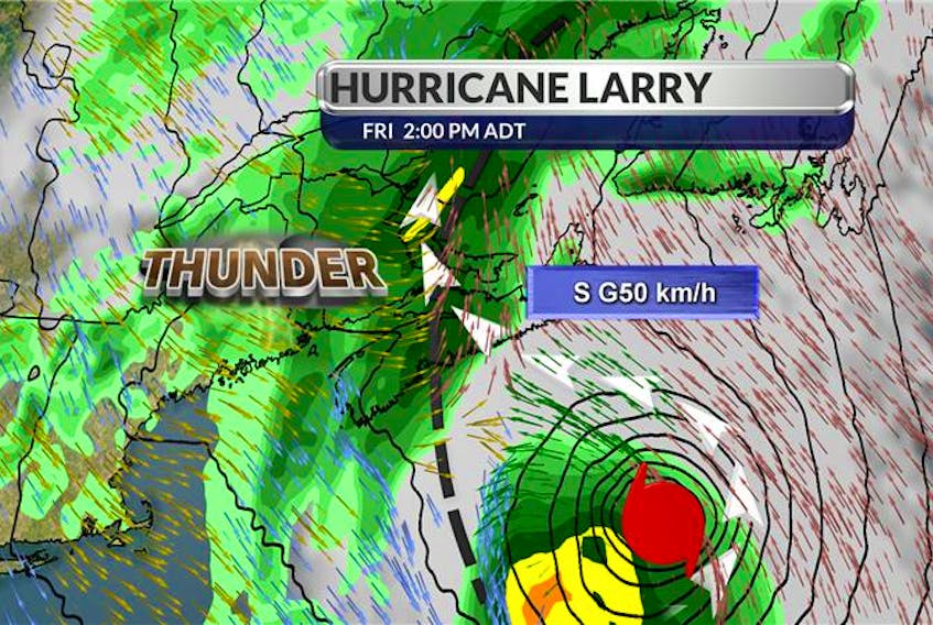 Cindy Day, chief meteorologist for the SaltWire Network, assembled this graph, showing the rain and thunderstorm impact hurricane Larry will have on Prince Edward Island as it interacts with a low pressure trough moving across New Brunswick.