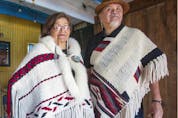  Chief Janice George and Buddy Joseph with traditional woven wool shawls at the The Blue Cabin artist residency in Vancouver on Feb. 18, 2020.