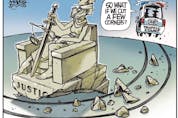  Alberta Traffic Court cuts corners on justice. (Cartoon by Malcolm Mayes)