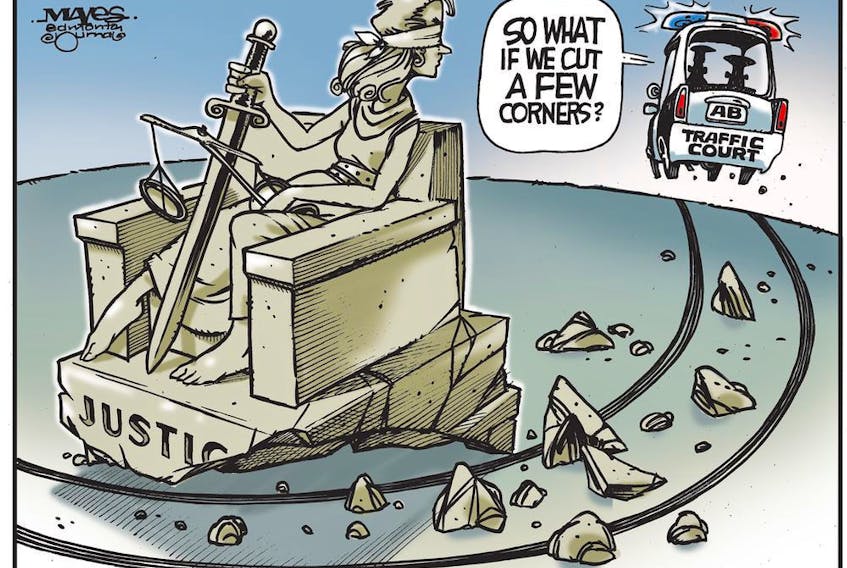  Alberta Traffic Court cuts corners on justice. (Cartoon by Malcolm Mayes)