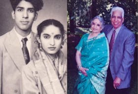 Om, left, and Nirmal Joshi set out on their life together in the photo on the left taken in 1952. They have well surpassed their 50th wedding anniversary, pictured on the right, and will celebrate 70 years on Jan. 17.