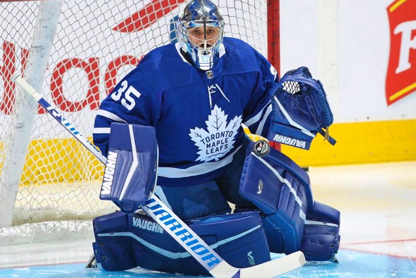 Petr Mrazek of the Toronto Maple Leafs warms up prior to playing against the Detroit Red Wings in a game at Scotiabank Arena on Oct. 30, 2021 in Toronto.