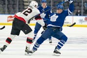  Senators defenceman Thomas Chabot (72) battles with Maple Leafs right wing Ondrej Kase. Kase could be back in the lineup tonight against Vegas.