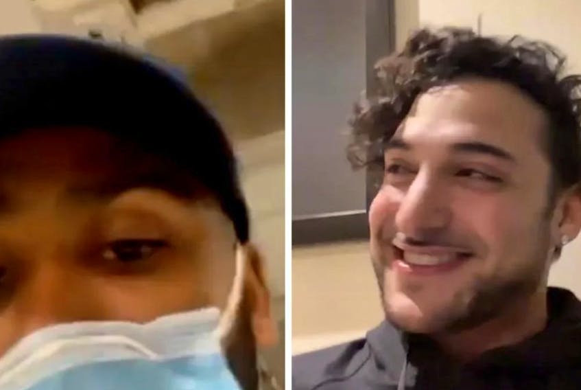  A screen grab of James William Awad and fellow passenger Tony Lee on Instagram Live on Sunday, attempting to clear their names