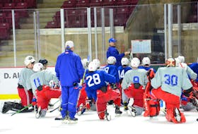Summerside D. Alex MacDonald Ford Western Capitals head coach Billy McGuigan explains a drill during a team practice at the Island Petroleum Energy Centre earlier this season. McGuigan is excited about the Caps’ moves leading up to the Maritime Junior Hockey League (MHL) trade deadline, which was Jan. 10.