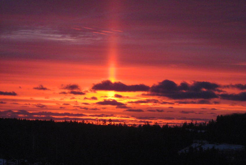My inbox has been flooded with a spectacular sunrise captured in parts of our region on Sunday, including this photo taken by Lionel Conrod in Dartmouth, N.S. Some have asked me about the beam of light above the sun. That is a sun pillar, which forms when the sun’s rays reflect off ice crystals slowly falling through the air. Thank you, Lionel, and to everyone who shared photos of this unique sunrise.  

Send me your storm photos for a chance to be featured: weather@saltwire.com.