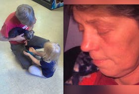 Helen Naslund visits with a grandchild and her puppy, left, prior to her incarceration. The 57-year-old is currently serving an 18-year sentence for killing her abusive husband Miles Naslund in 2011. 