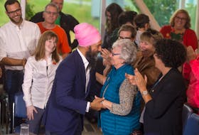Federal NDP leader Jagmeet Singh speaks with longtime MP and former NDP leader Alexa McDonough after he arrived for a town hall-style meeting at the Nova Scotia Community College - Institute of Technology Campus on Monday, Sept. 23, 2019.