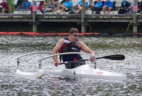 Ben Brown competing in his only para sprint canoe race Sept. 25 on Lake Banook in Dartmouth. The Cambridge resident recently made the move from wheelchair racing.
Michael Balcom • Atlantic Division Canoe Kayak Canada

