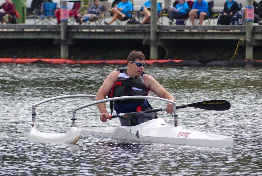Ben Brown competing in his only para sprint canoe race Sept. 25 on Lake Banook in Dartmouth. The Cambridge resident recently made the move from wheelchair racing.
Michael Balcom • Atlantic Division Canoe Kayak Canada
