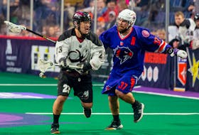 Halifax Thunderbirds defenceman Scott Campbell chases down Jordan Gilles of the Colorado Mammoth during a National Lacrosse League game on Jan. 11, 2020, at Scotiabank Centre. - TREVOR MacMILLAN / HALIFAX THUNDERBIRDS