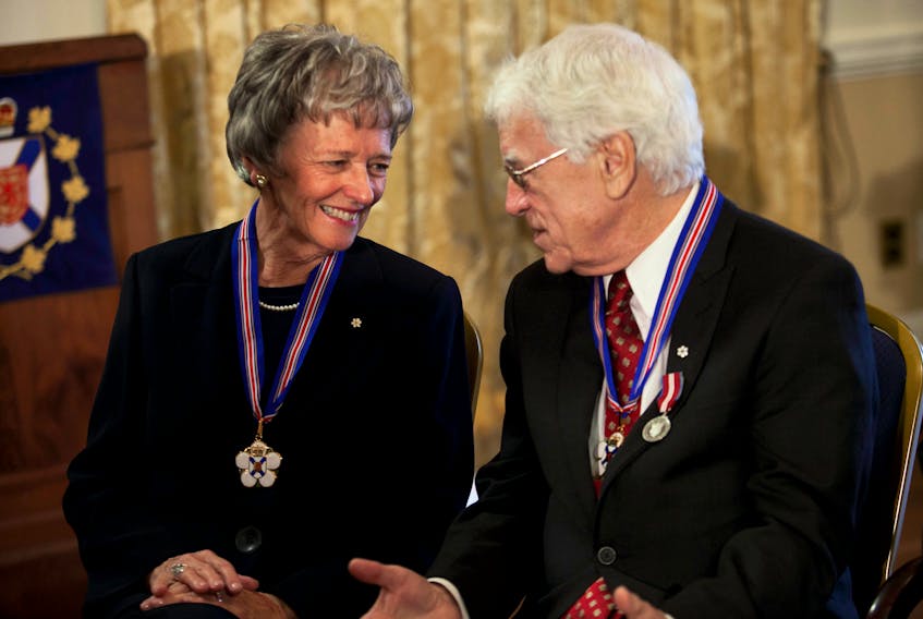 Recipients Alexa McDonough and Silver Donald Cameron chat following an Order of Nova Scotia ceremony in Halifax on Wednesday, November 28, 2012. They were among a group of five distinguished Nova Scotians to receive the award. - Peter Parsons / File