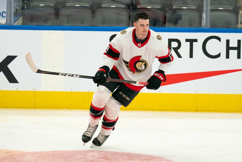 Winger Drake Batherson of New Minas skates during warmup prior to an Ottawa Senators' game against the Toronto Maple Leafs.