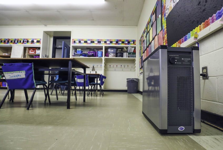 The Nova Scotia government has installed portable HEPA filtration systems, like this one at John MacNeil Elementary School in Dartmouth, in schools that rely on windows and doors for circulation in preparation for students going back to class Jan. 17, 2022.