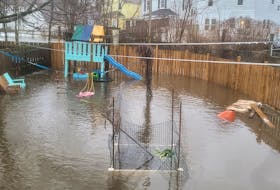 Chelsea O'Neil shared a picture of her flooded backyard on Facebook on Saturday morning after heavy rains hit Cape Breton in an overnight storm Friday evening. CONTRIBUTED