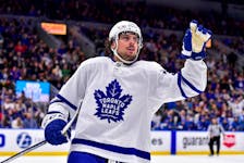 Maple Leafs centre Auston Matthews reacts after scoring a game-tying goal against the St. Louis Blues on Saturday night. If Matthews scores in the Leafs’ next game, in New York against the Rangers on Wednesday, he will have at least one goal in 11 consecutive road games. 