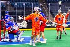 Connor Watson, in his first game with the Halifax Thunderbirds, celebrates one of his two goals scored against the Toronto Rock in the second quarter in a National Lacrosse League game played Saturday night in Hamilton, Ont. - RYAN McCULLOUGH / TORONTO ROCK