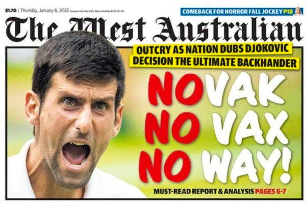 Novak Djokovic cover from The West Australian.