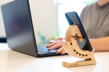 The Gear Stand is an adjustable wooden phone and tablet holder that allows users to read recipes, take a Zoom meeting, or watch Netflix at the exact angle they need. CONTRIBUTED • NORTÉ DESIGN