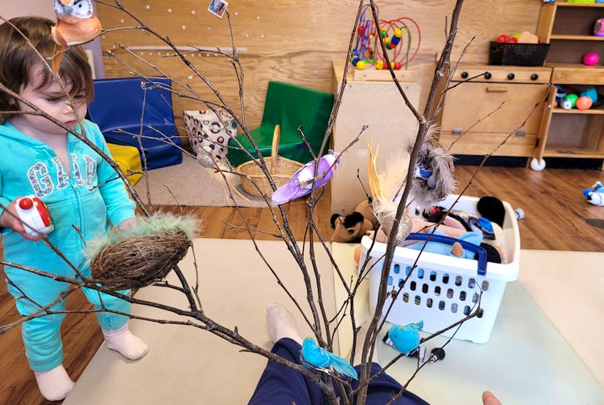 Edie Passerini stares intently at the tree branches being held by an educator at Health Park Early Learning Centre in Sydney during a learning activity in November. CONTRIBTUED 