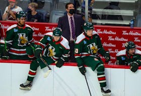 Halifax Mooseheads head coach Sylvain Favreau looks at a replay on the scoreboard during an exhibition game against the Cape Breton Eagles onSept. 11, 2021. - Ryan Taplin

