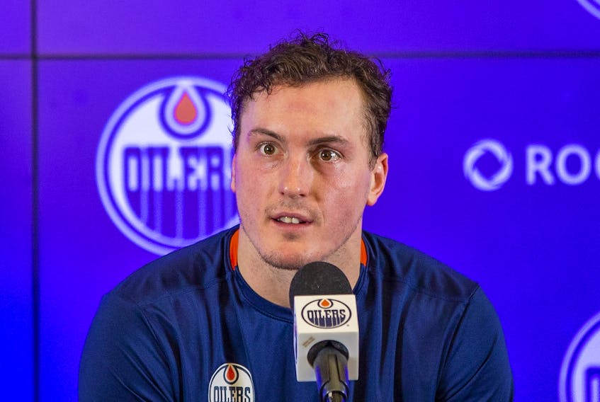 Edmonton Oilers player Tyson Barrie speaks to media after practice on Monday, Jan. 17, 2022 in Edmonton.