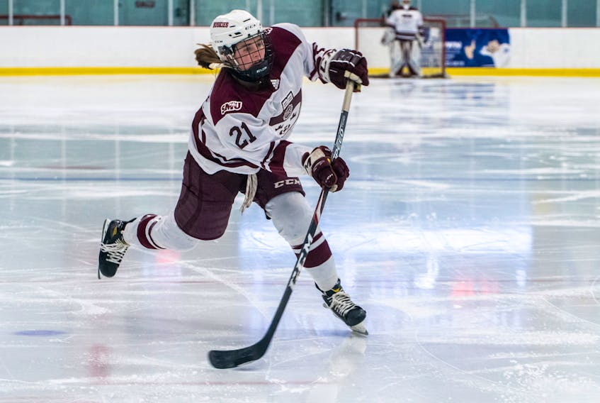 Shae Demale of the Saint Mary's Huskies, shown here during a home game Nov. 6 at the Dauphinee Centre, leads the Atlantic university women's hockey conference in scoring with 22 points. - MONA GHIZ