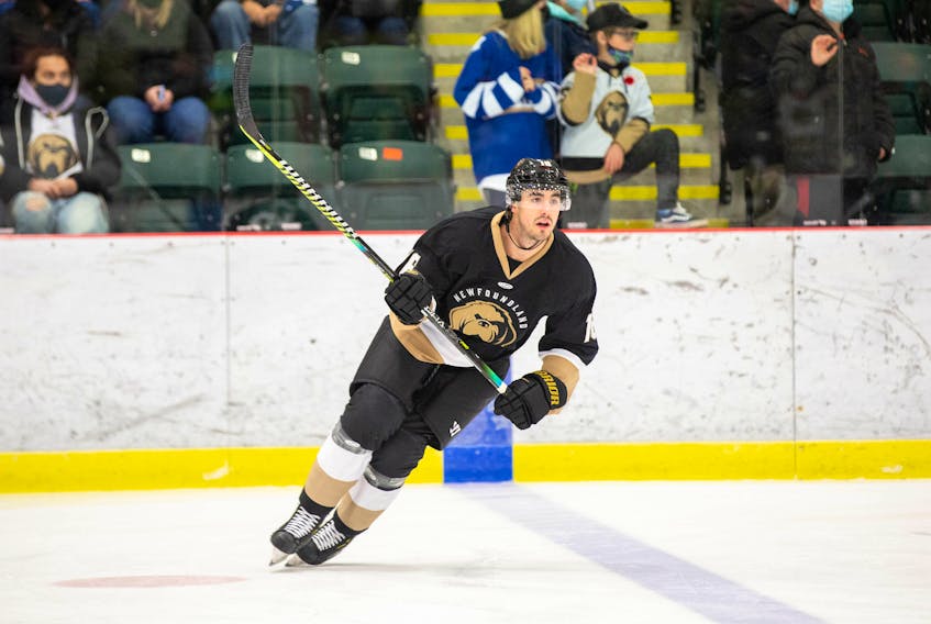 The Newfoundland Growlers certainly could use Nathan Noel on a stretch of road games that begins Friday night, but the centre from St. John's, who has been sidelined by injury for two months, isn't travelling with the team. — Newfoundland Growlers photo/Jeff Parsons