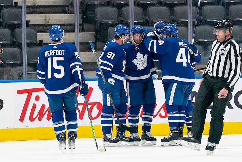 Toronto Maple Leafs defenceman TJ Brodie (78) celebrates scoring a goal.