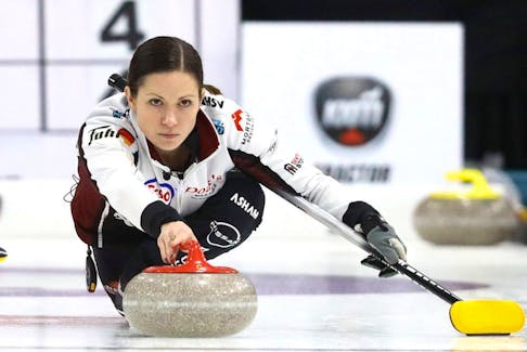 Team Walker skip Laura Walker during the Women's Quarter Finals during the Grand Slam of Curling at the Chestermere Rec Centre in Chestermere, Alberta on Saturday, November 6, 2021. 