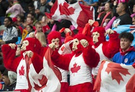 Fans react as Canada plays Fiji at B.C. Place Stadium during the 2019 HSBC Canada Sevens rugby tournament in Vancouver on March 9, 2019.