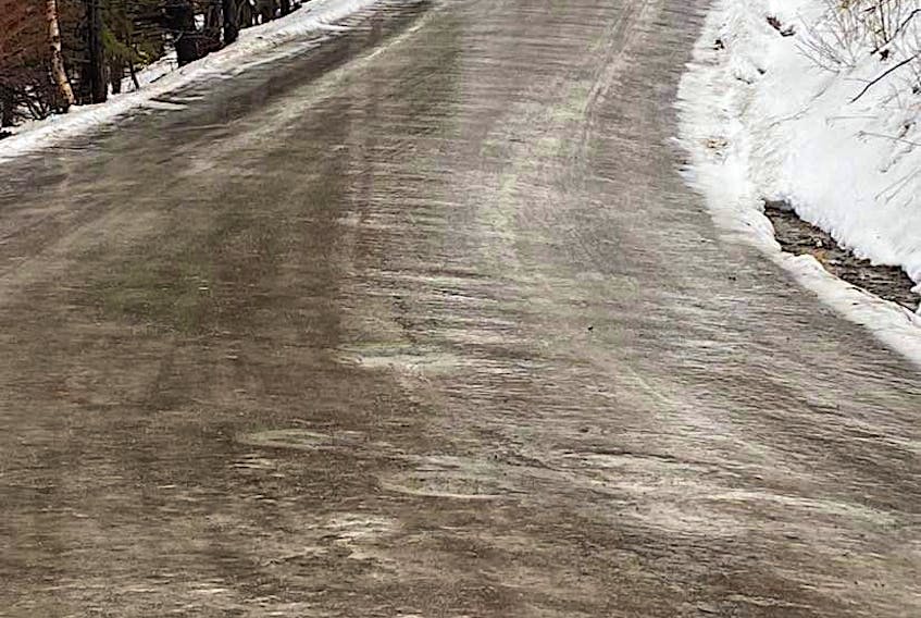 On Tuesday, this section of Meat Cove Road in Inverness County was sheer ice. Residents said three quarters of the road, which is a mix of paved and gravel sections, was like this making it impossible for people to leave or enter the community. CONTRIBUTED/MELISSA HINES 