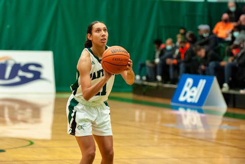 UPEI Panthers guard Lauren Rainford focuses on shooting a foul shot during an Atlantic University Sport Women’s Basketball Conference game in Charlottetown earlier this season. Rainford averaged 18.7 points per game in the team’s first nine games of the regular season. 