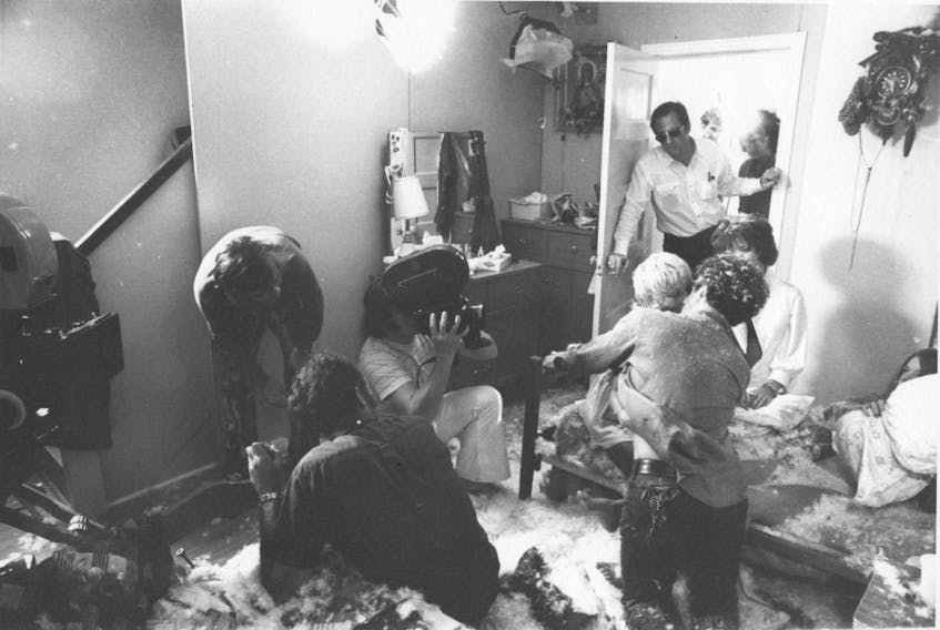 The pillow fight scene in "The Rowdyman." In the doorway is first assistant director Gary Flanagan and director Peter Carter is bending by the camera. Photo courtesy John Eckert