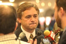 Then Federal Industry minister Brian Tobin speaks to the media following a speech in St. John's on Nov. 2, 2001. Tobin was nicknamed "Captain Canada" for defending his province's fishing industry against Spanish turbot trawlers. 