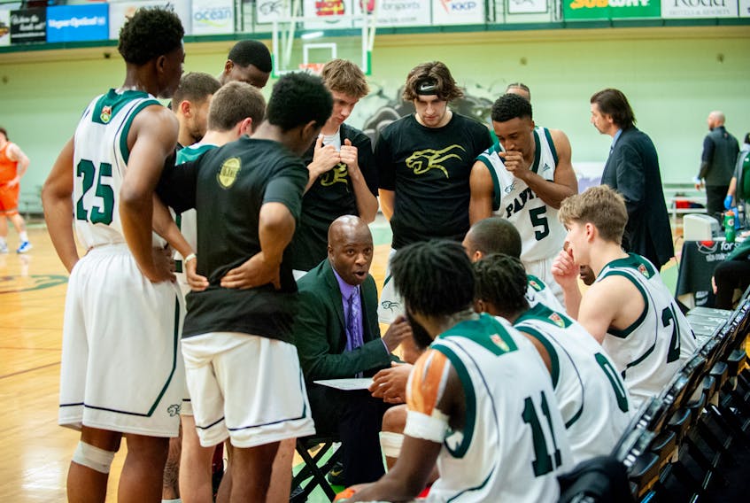 UPEI Panthers head coach Darrell Glenn talks to his players during a timeout in an Atlantic University Sport Men’s Basketball Conference game in Charlottetown. The Panthers completed the first half of the 2021-22 regular season 5-4 (won-lost) and in a four-way tie for second place. 